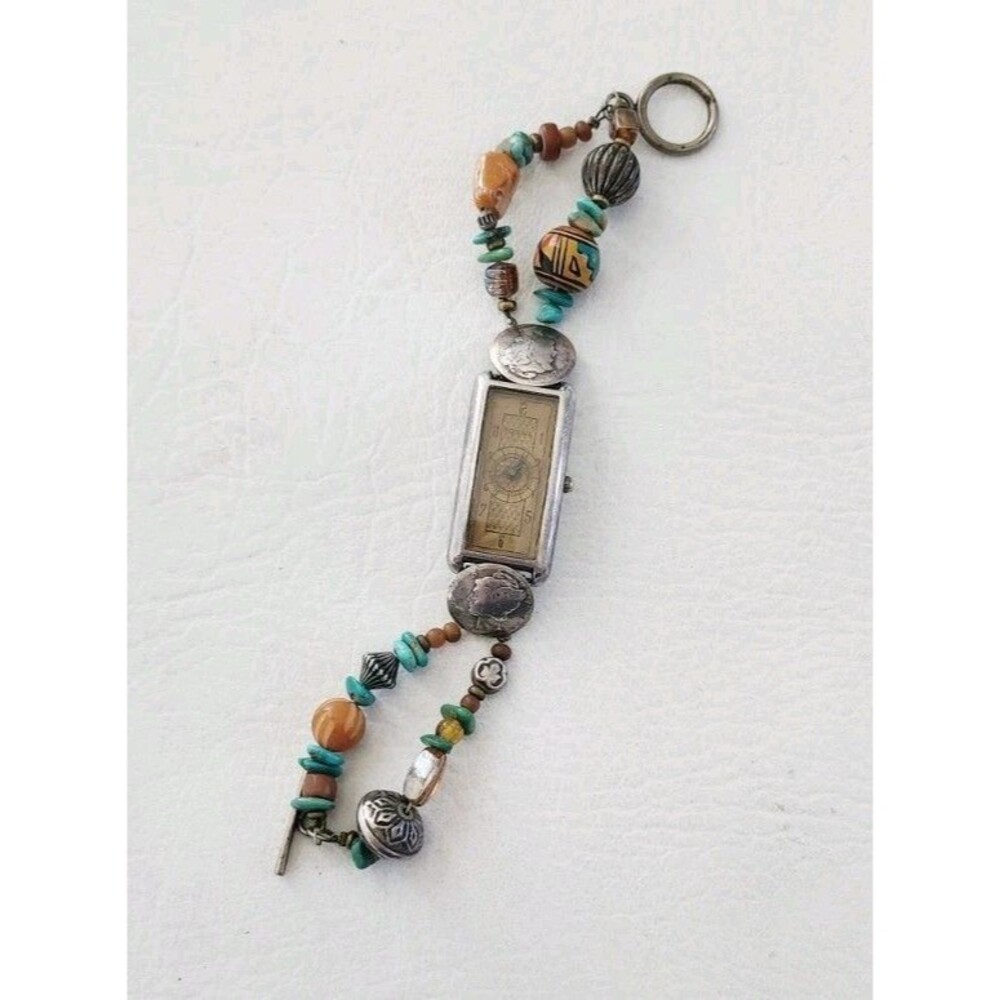 Vitage Southwestern  Fossil  Watch  With 2 Silver Mercury Dimes Turquoise Beaded